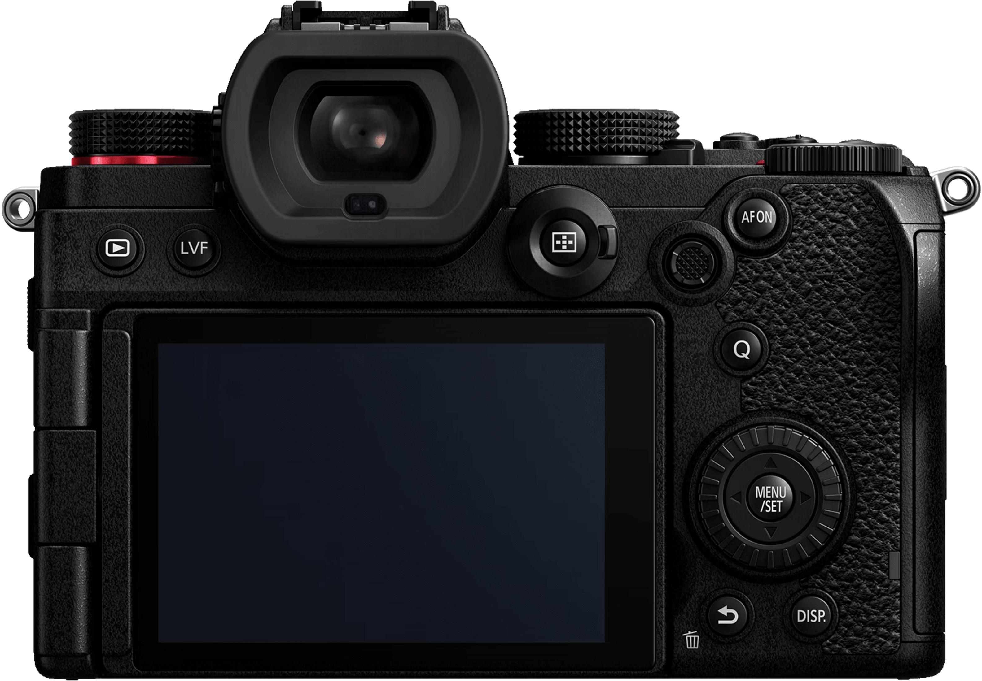 Achterkant van een zwarte digitale camera met zoeker, scherm en bedieningsknoppen.