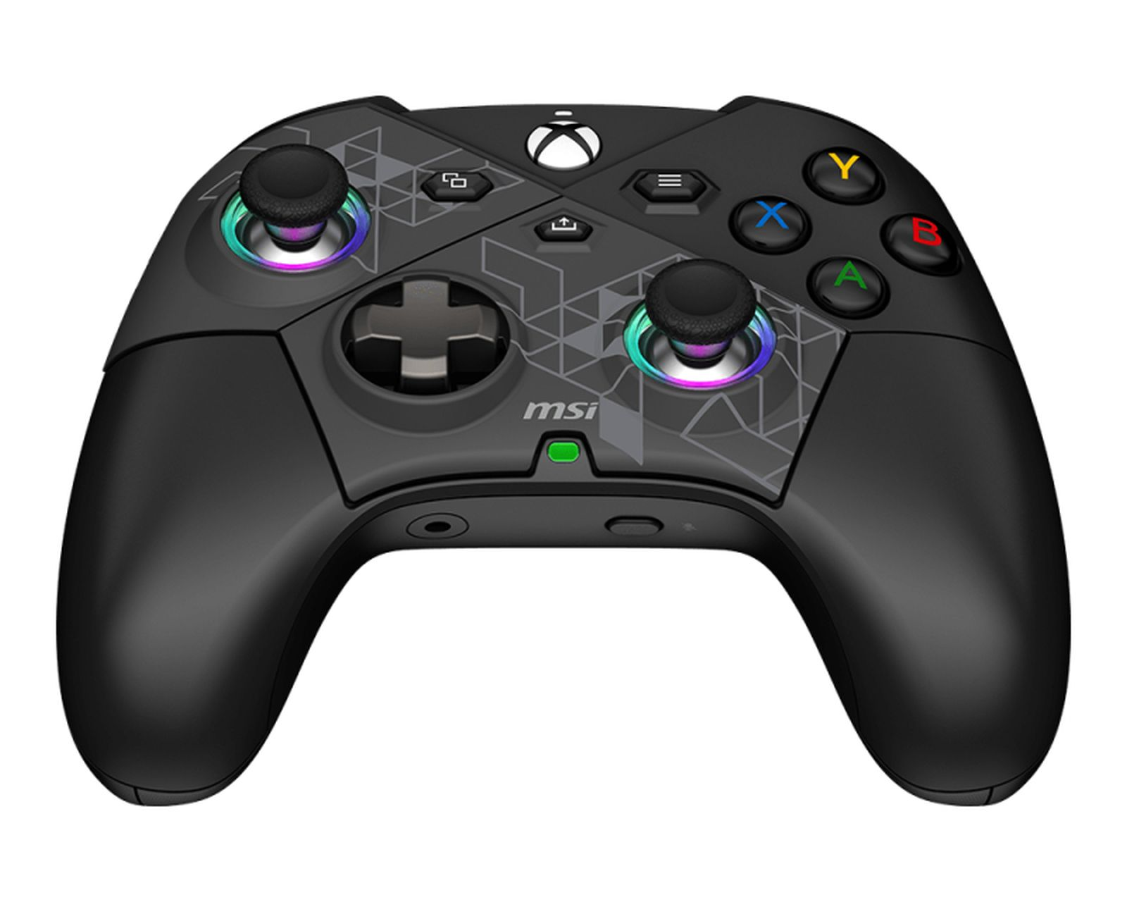 Black Xbox controller with geometric patterns and RGB accents.