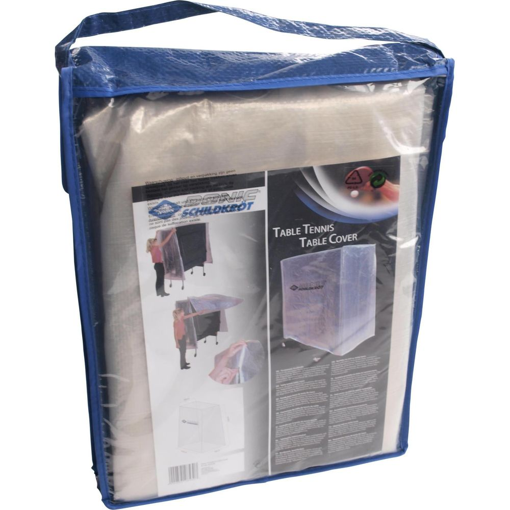 Tischtennis-Abdeckung in blauer Tasche mit Anleitung und Produktbildern.