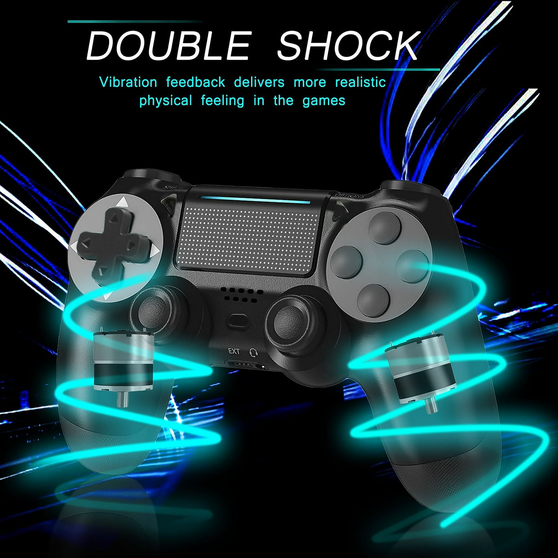 Schwarzer Controller mit blauen Lichteffekten und Motoren für Vibration.