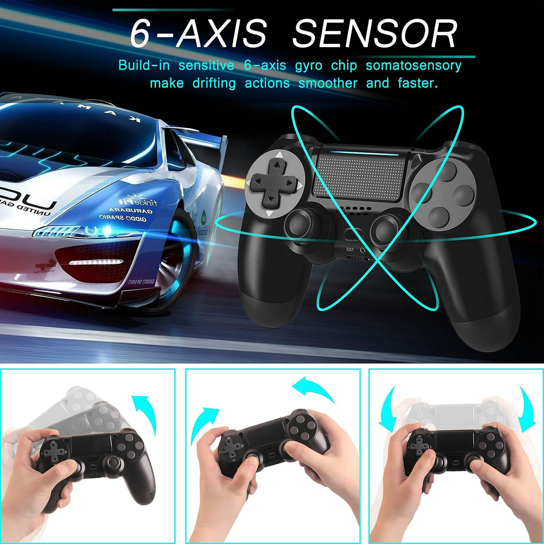 Schwarzer Gamecontroller mit 6-Achsen-Sensor, gezeigt mit Rennwagen.