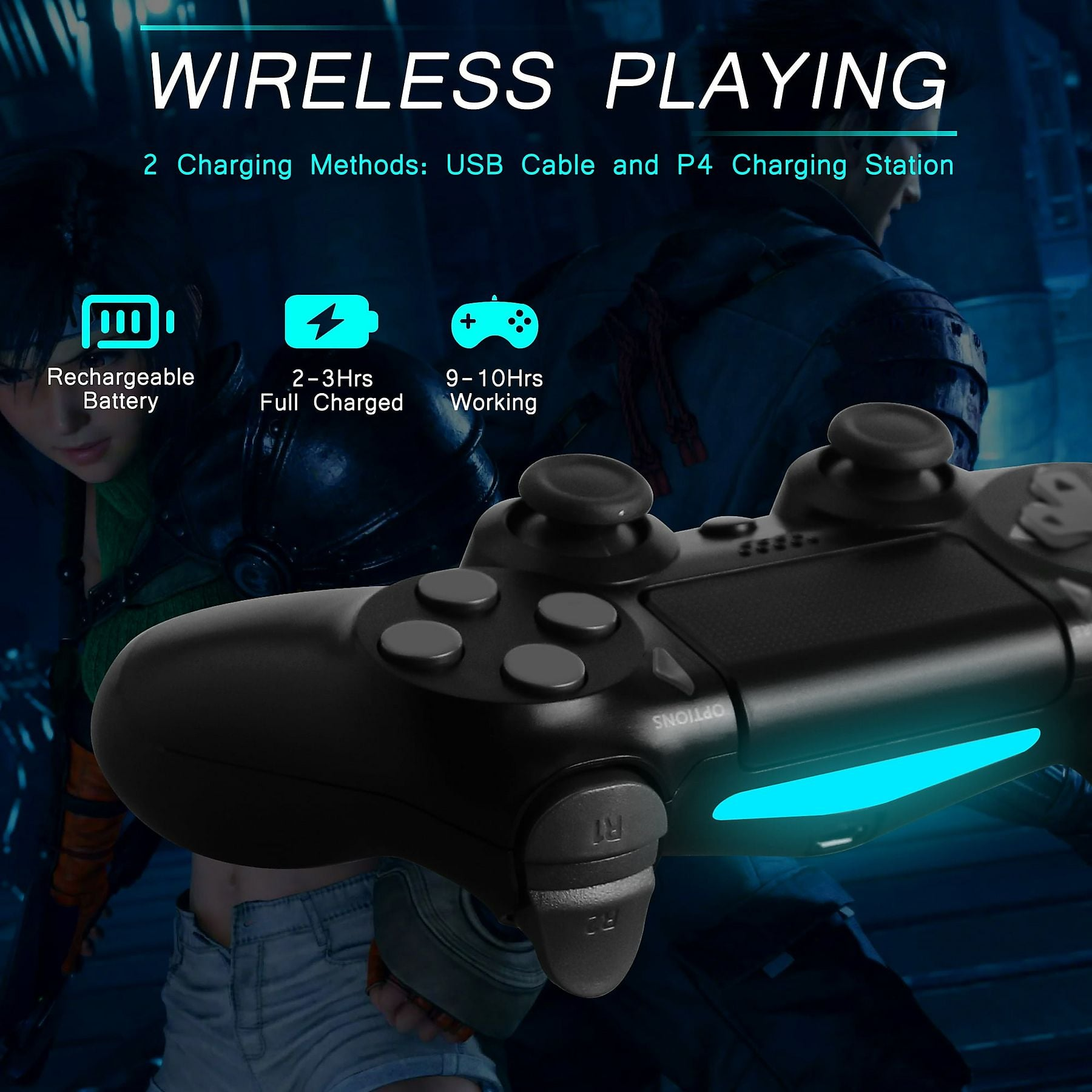 Schwarzer Gamecontroller mit blauer Leuchtleiste. Text über kabelloses Spielen.
