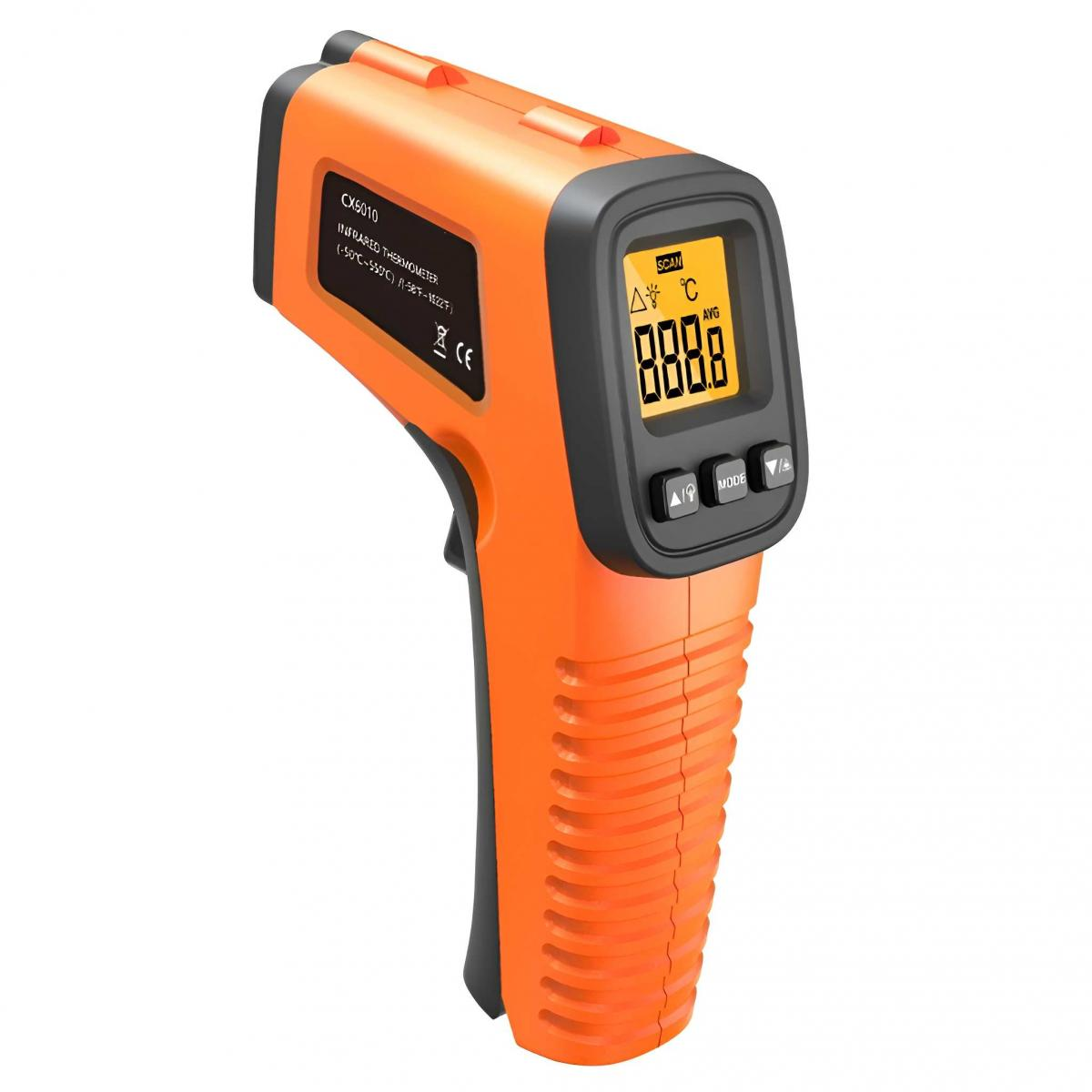 Ein oranges Infrarot-Thermometer mit digitalem Display und Tasten.