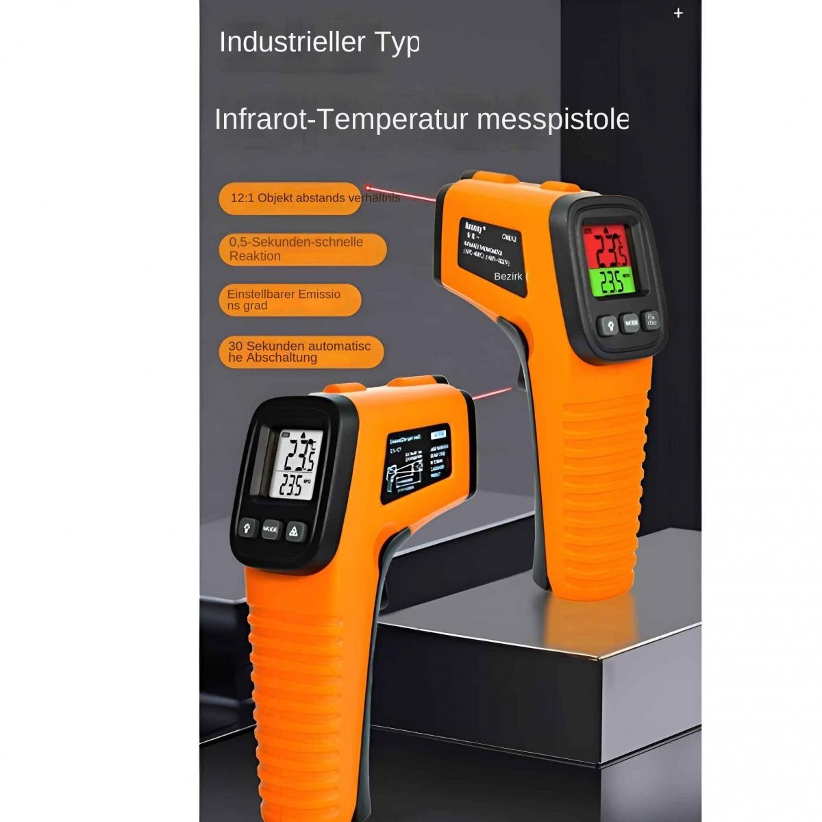 Zwei orange Infrarot-Thermometer mit digitalen Anzeigen, eines leicht vorne.