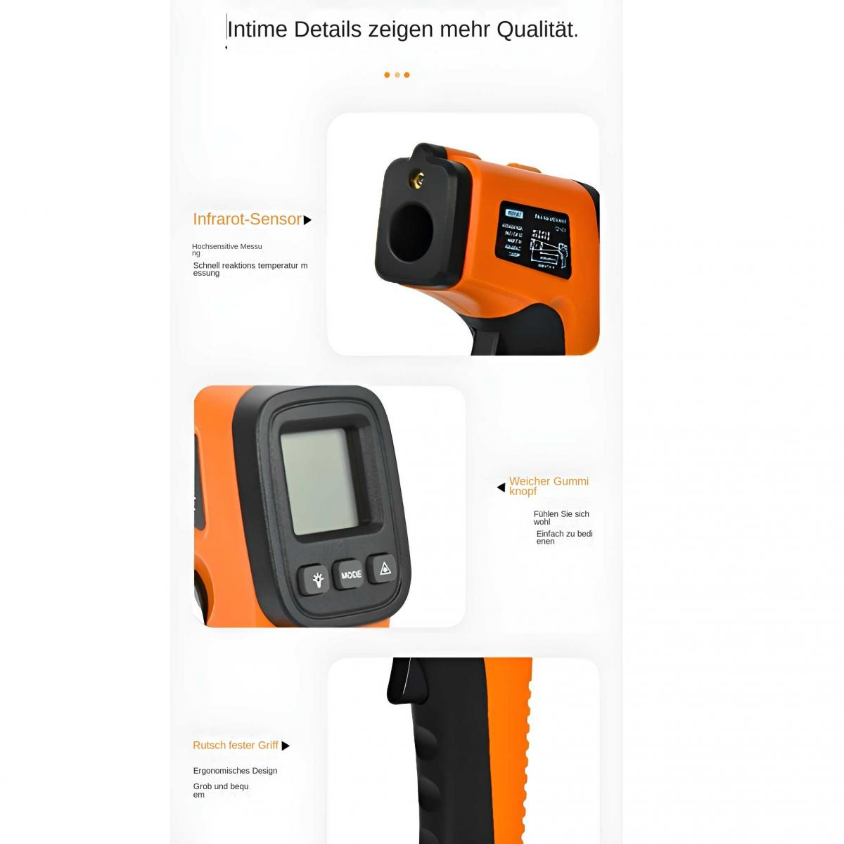 Orange Thermometer mit Display und Tasten, Infrarotsensor, Gummigriff.