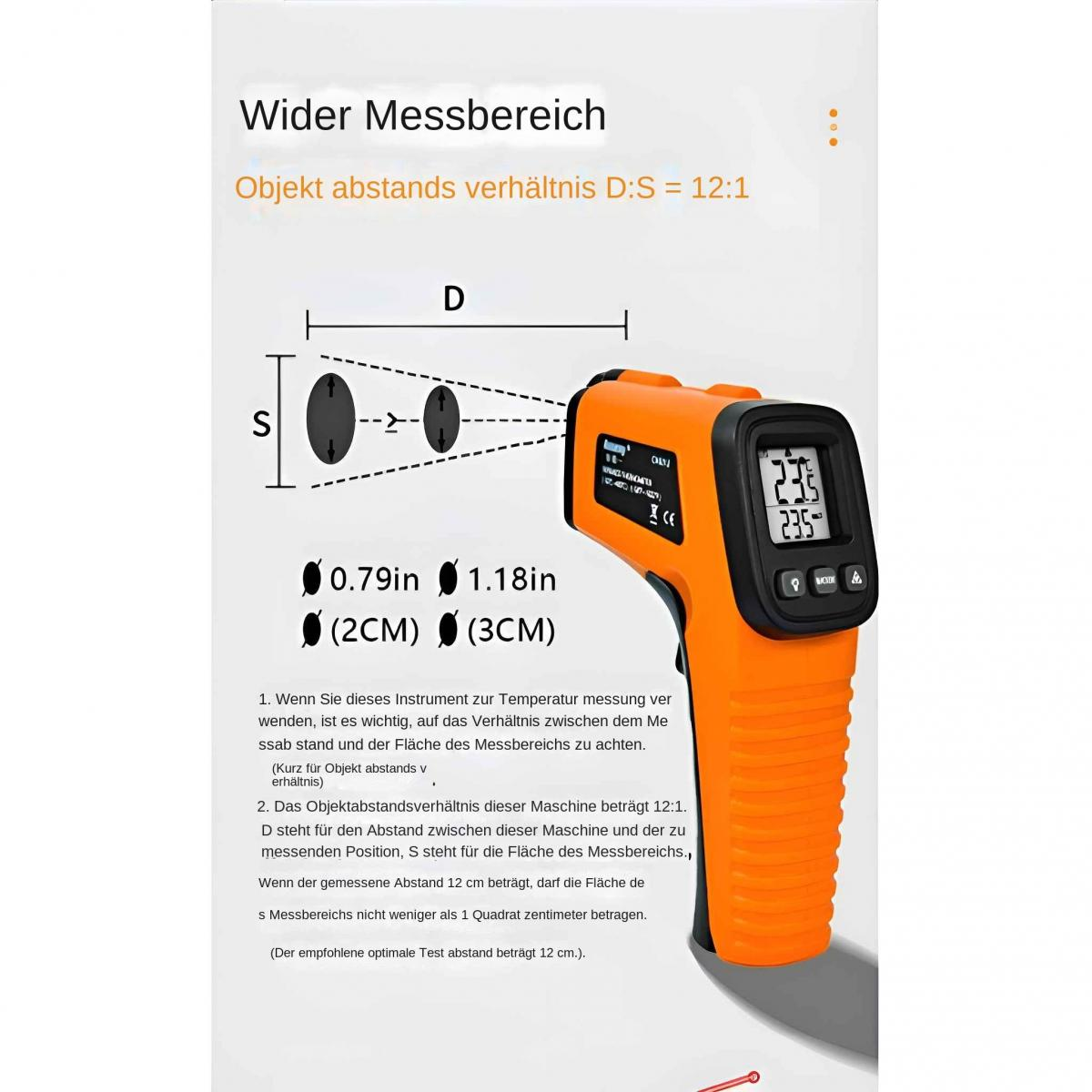 Ein oranges Thermometer mit Display zeigt 23.5 Grad an. Diagramm erklärt D:S Verhältnis.