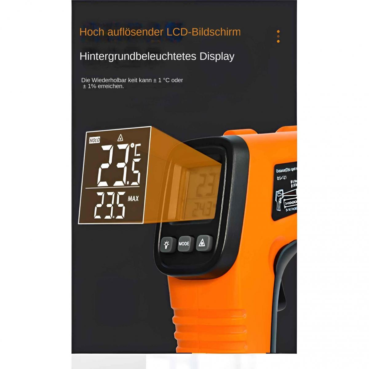 Orange Thermometer mit LCD-Display zeigt 23.5°C an. Hintergrundbeleuchtet.