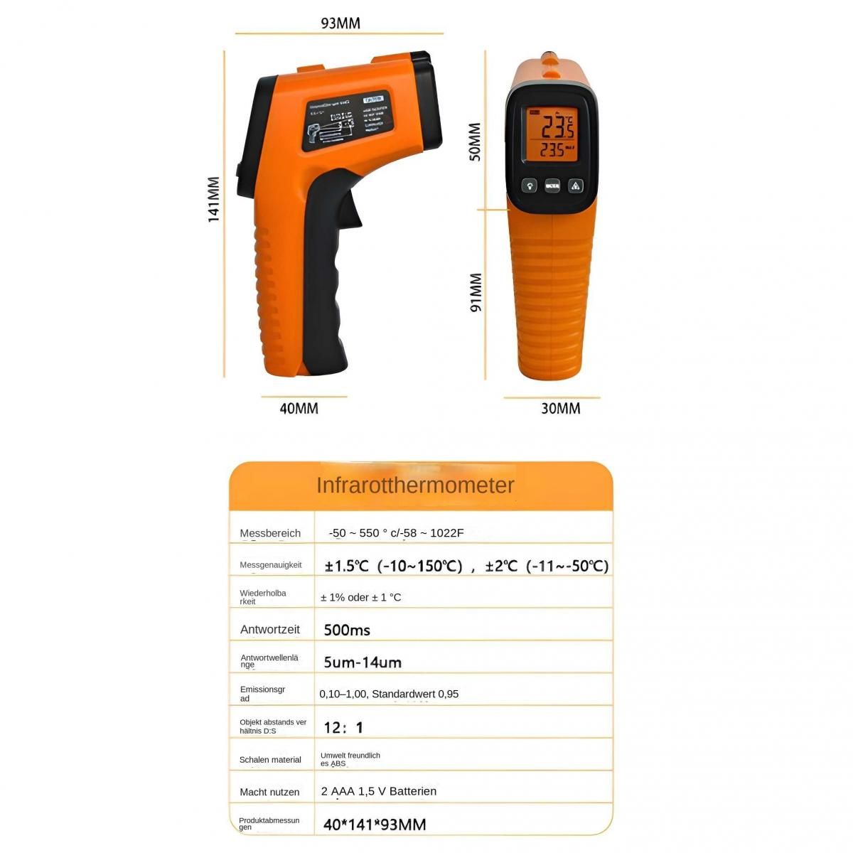 Ein oranges Infrarot-Thermometer mit Display und technischen Daten.