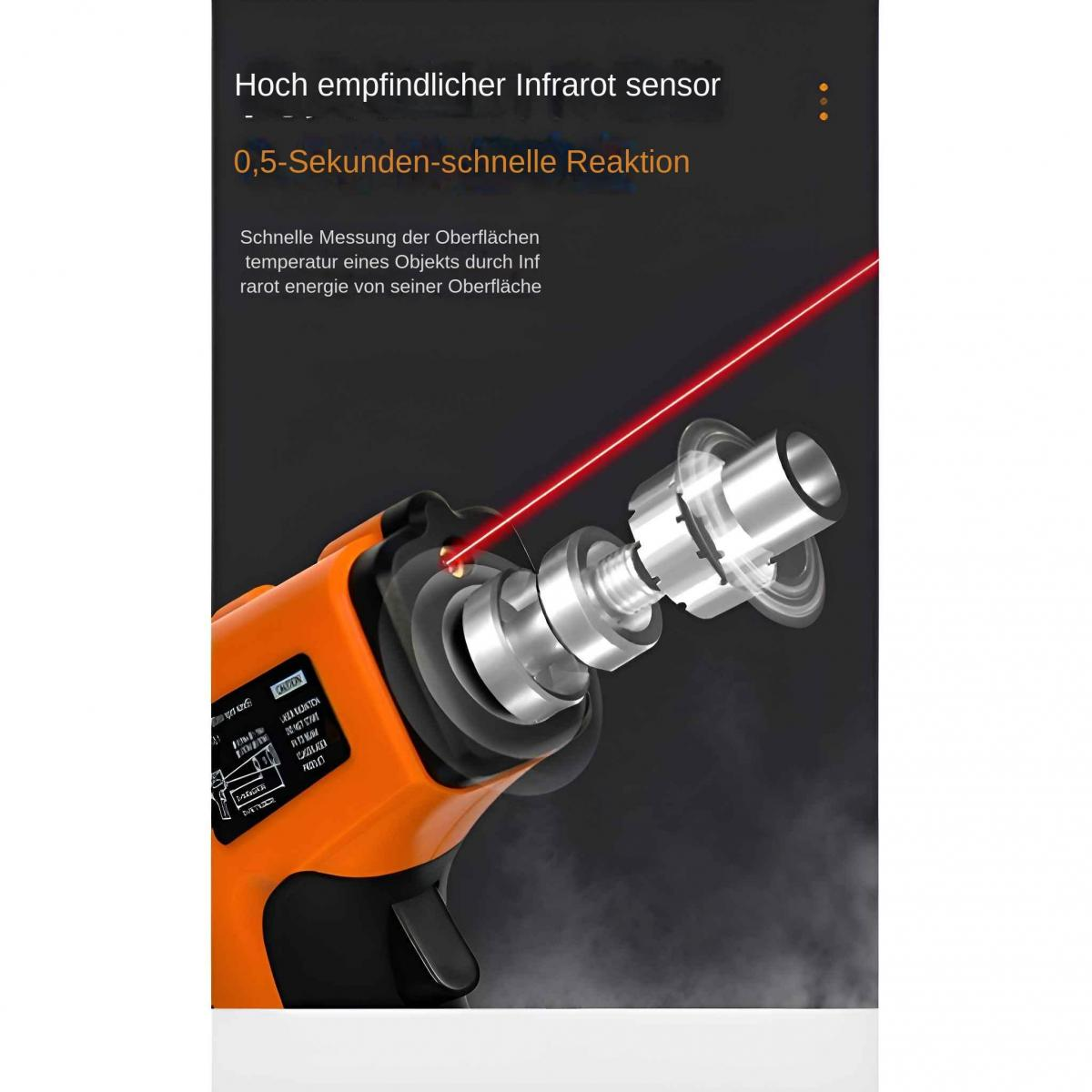 Ein oranger Infrarot-Thermometer mit einem roten Laserstrahl, der auf ein Objekt zielt.
