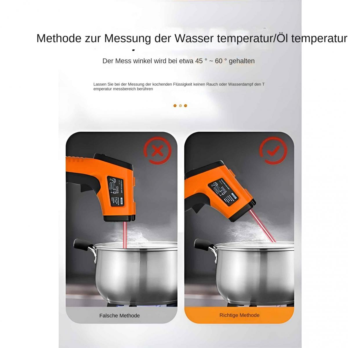 Zwei Thermometer messen die Temperatur von Kochtöpfen. Eines zeigt einen Fehler, das andere Erfolg.