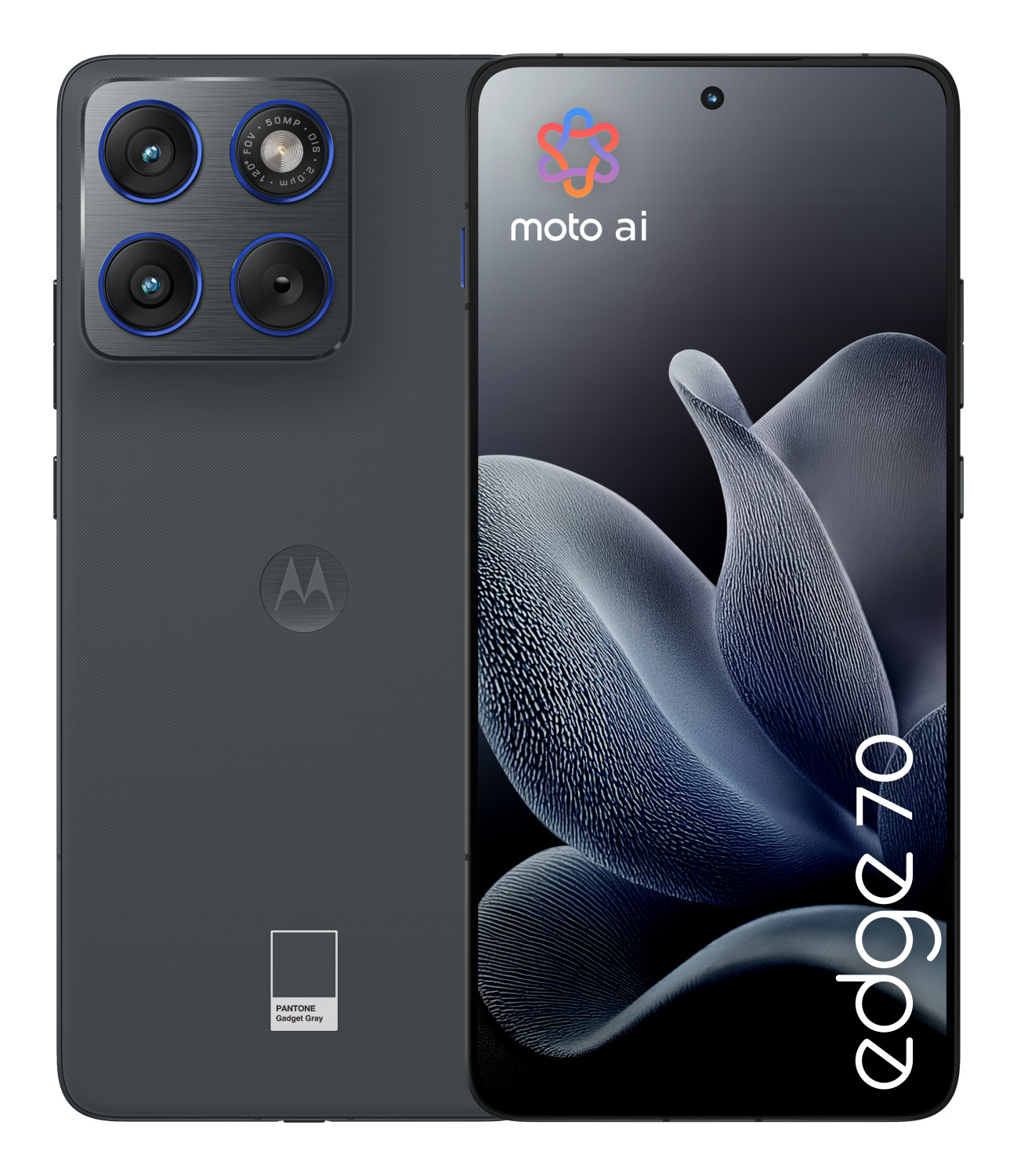 Graues Motorola Edge 70 mit vier Kameras und Pantone-Farbe Gadget Gray.