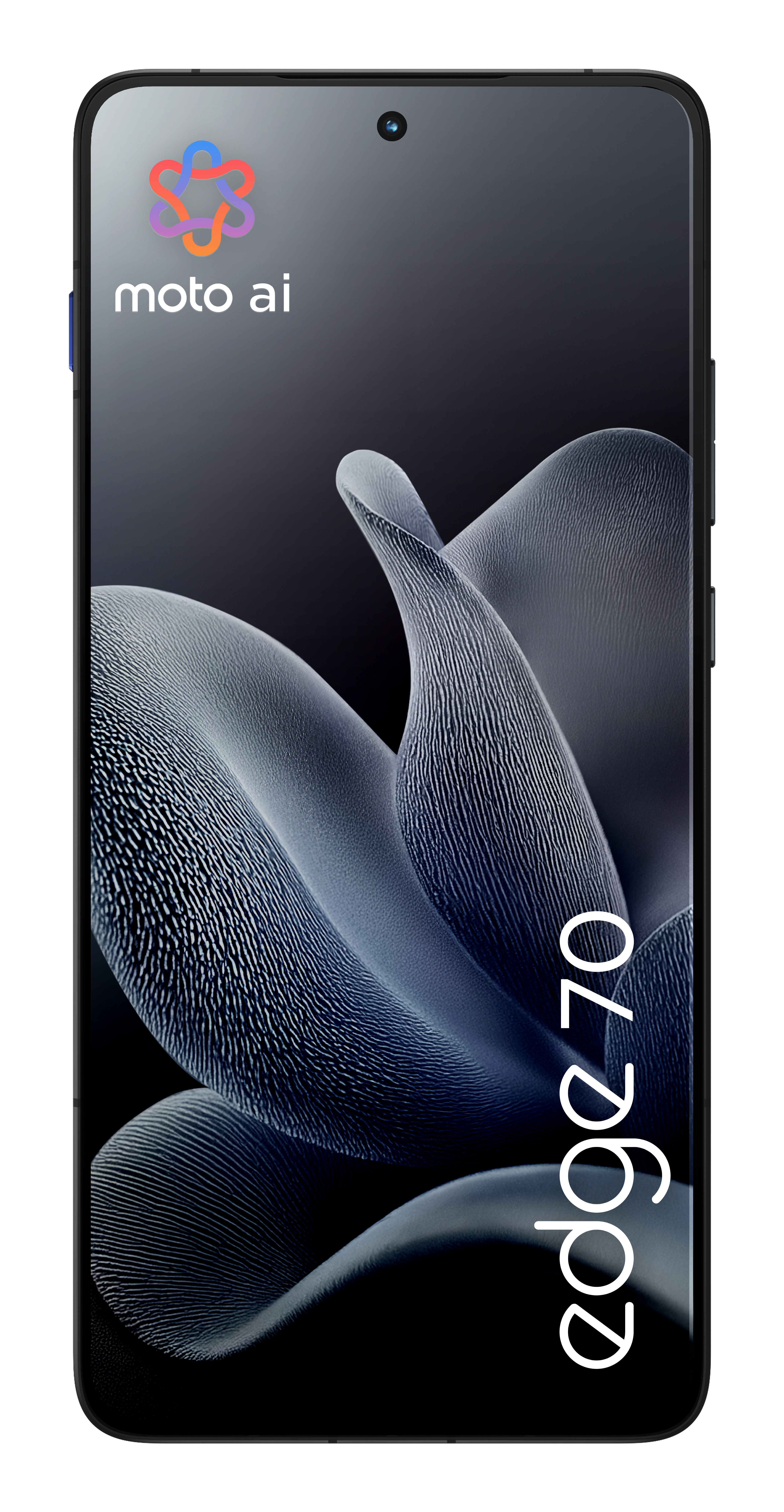 Smartfon z logo "moto ai" i napisem "edge 70" na ciemnym tle.
