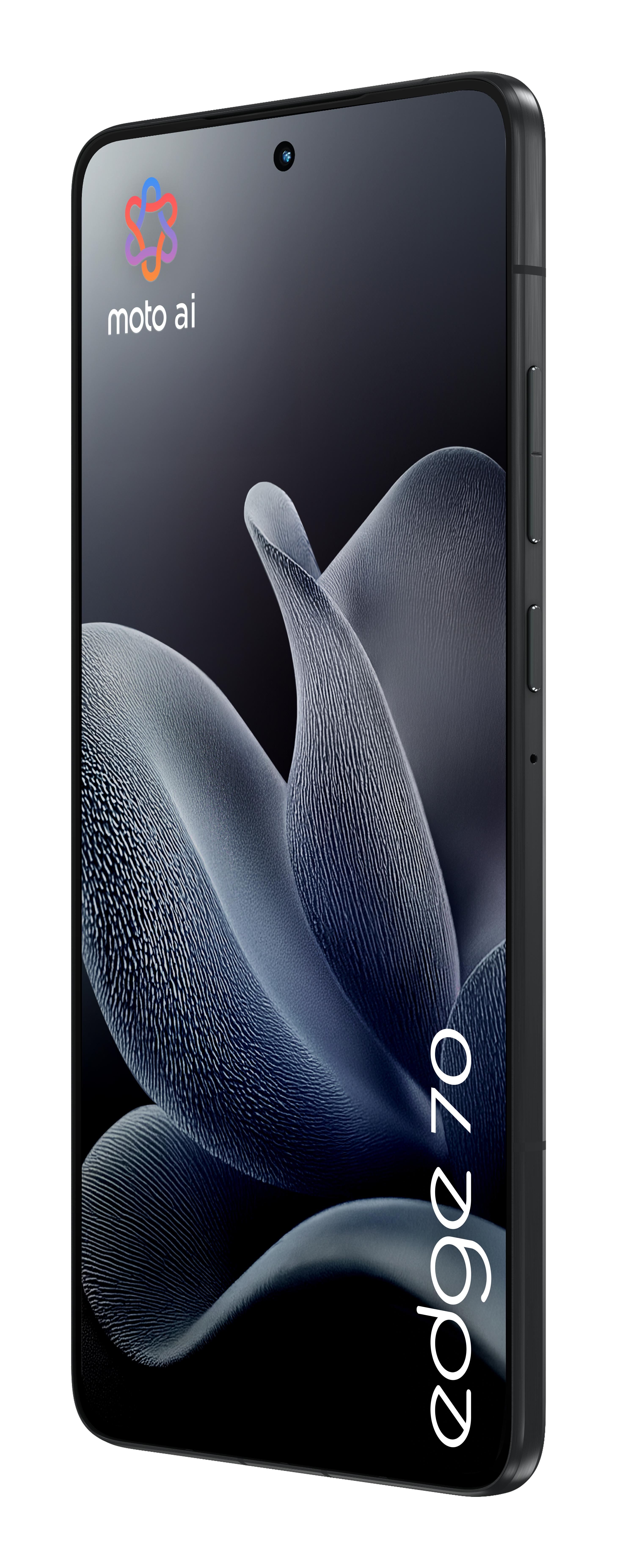 Ein dunkles Smartphone mit dem 'moto ai' Logo und 'edge 70' Schriftzug.