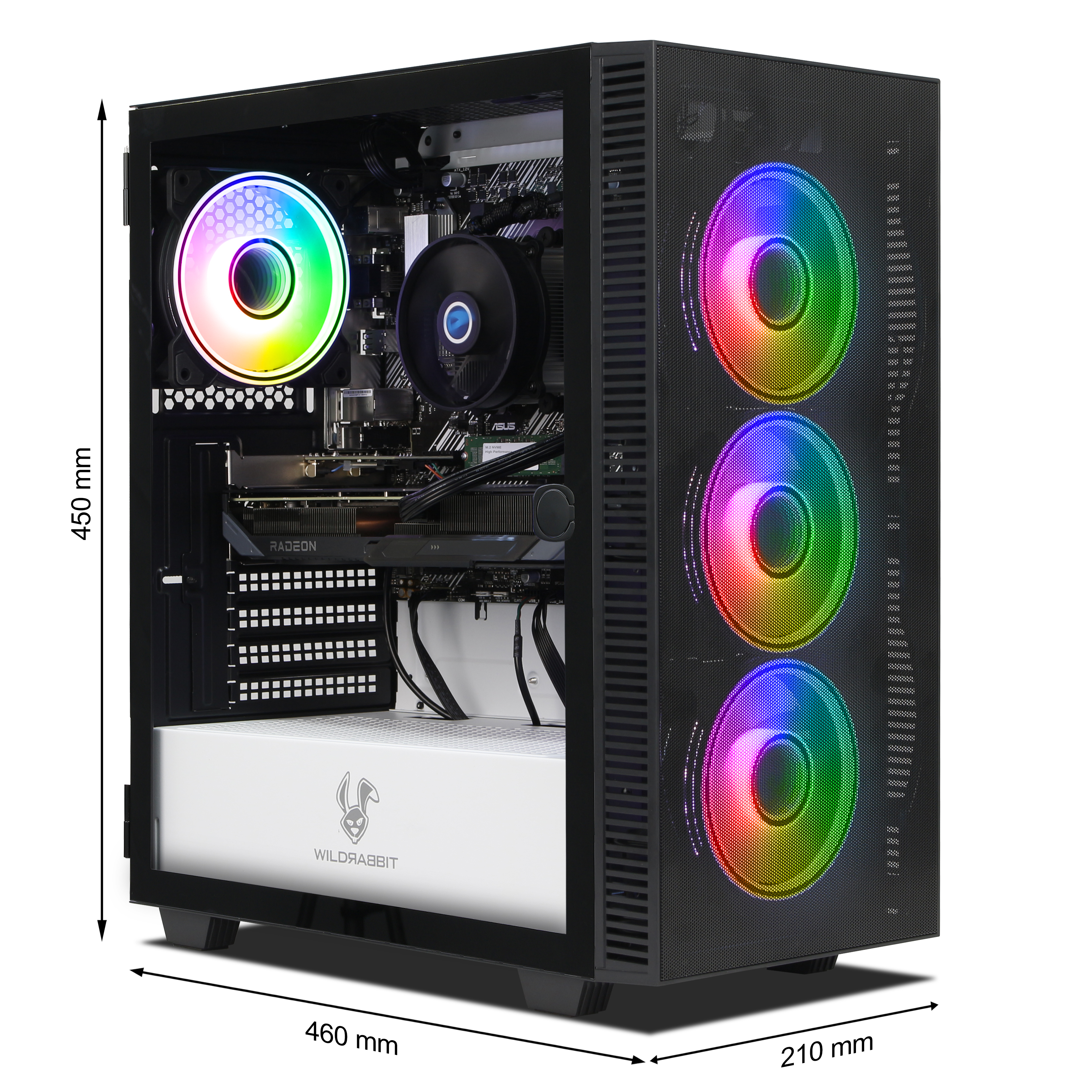 Ein offener PC-Tower mit RGB-Lüftern und Komponenten. Maße: 450x460x210mm.