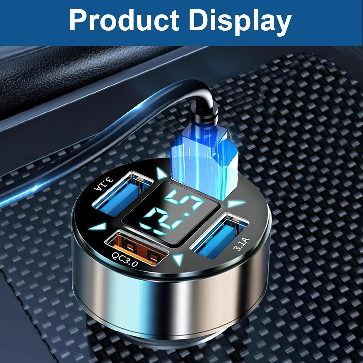 Ein runder schwarzer Kfz-USB-Ladeadapter mit blauer LED-Anzeige und mehreren Anschlüssen.