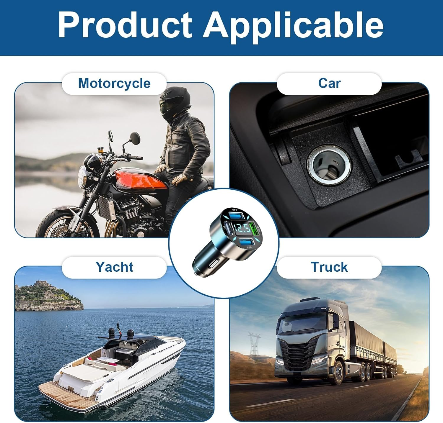 Ein Mann auf einem Motorrad, ein Auto-Zigarettenanzünder, eine Yacht und ein LKW.