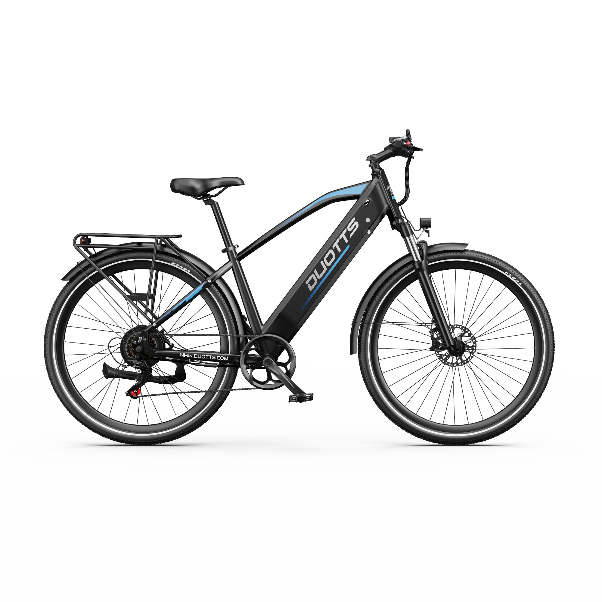 Schwarzes E-Bike mit blauem Streifen auf dem Rahmen, auf weißem Hintergrund.