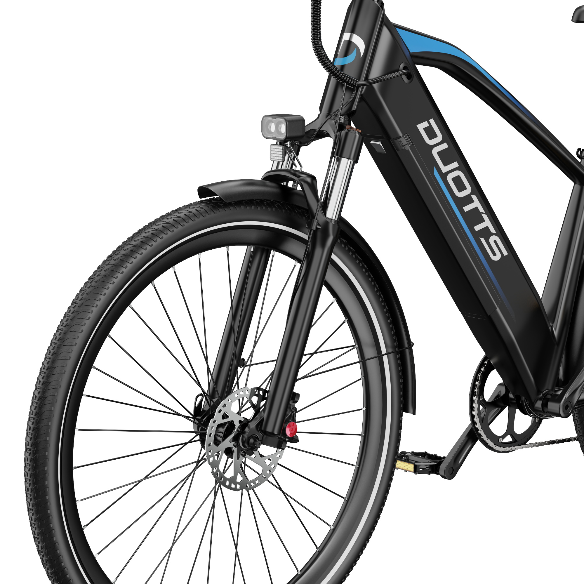 Nahaufnahme eines schwarzen E-Bikes mit blauem Akzent, vorne links.