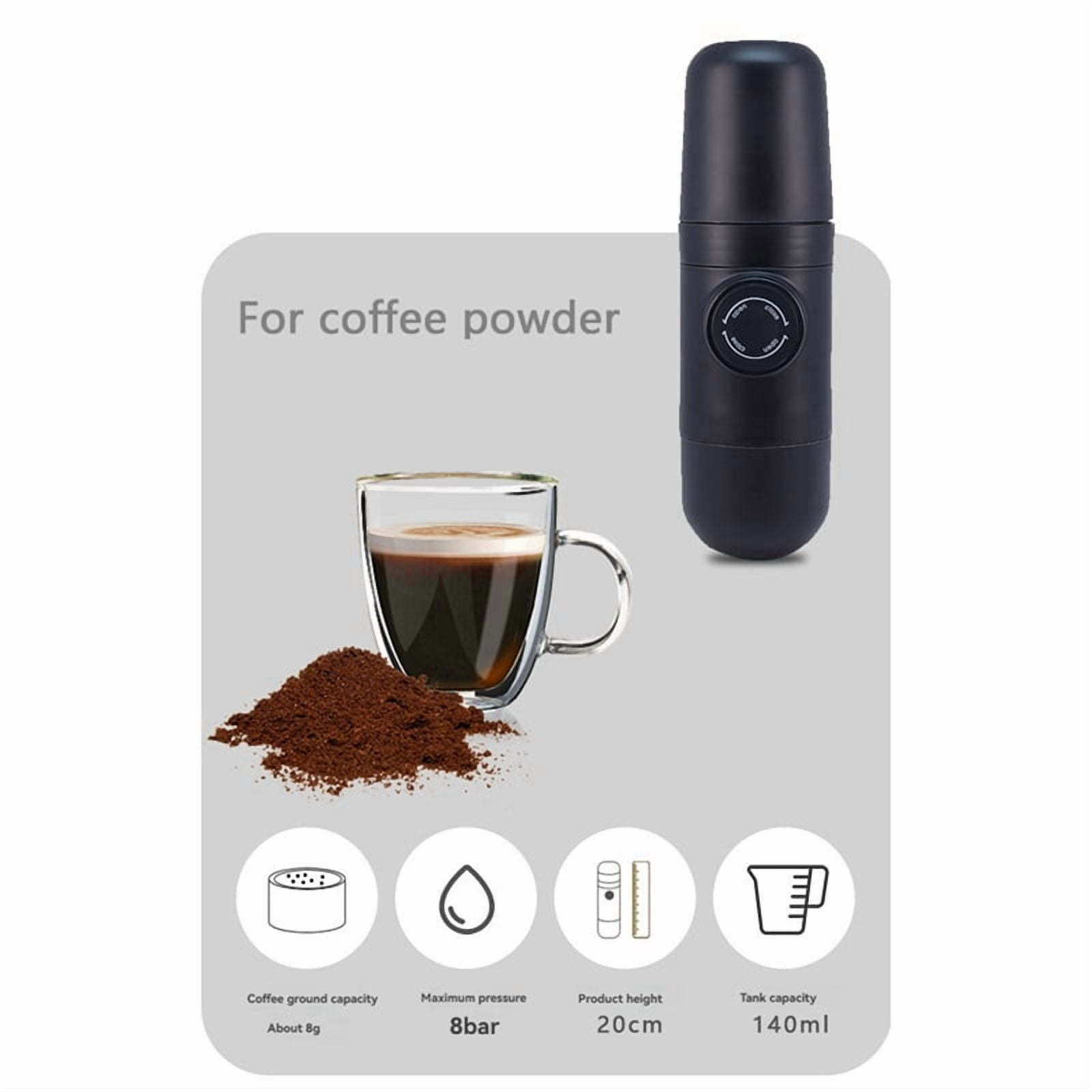 Kaffeepulver, Espressomaschine, Tasse Kaffee und Spezifikationen.