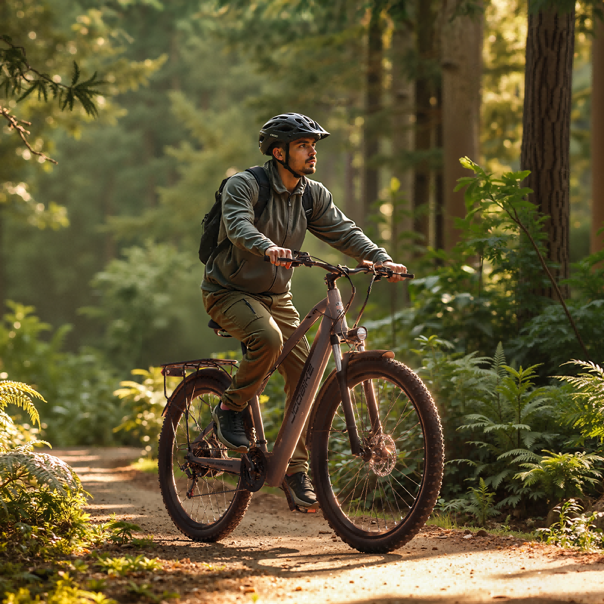 Mężczyzna w kasku jedzie rowerem elektrycznym leśną ścieżką, słońce przez drzewa.