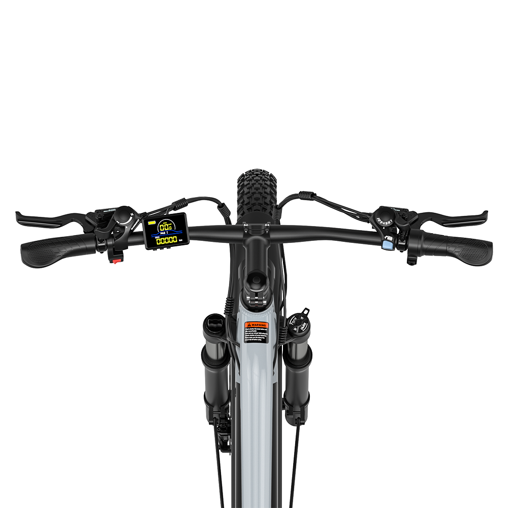 Widok z przodu szarego roweru elektrycznego, kierownicy, wyświetlacza.