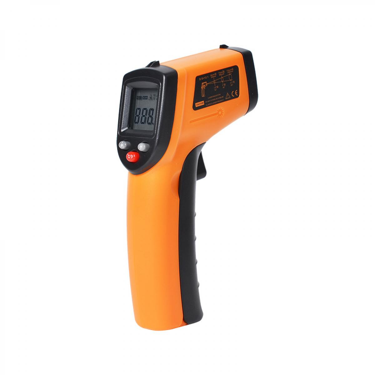 Ein oranges Infrarot-Thermometer mit schwarzem Griff und digitaler Anzeige.