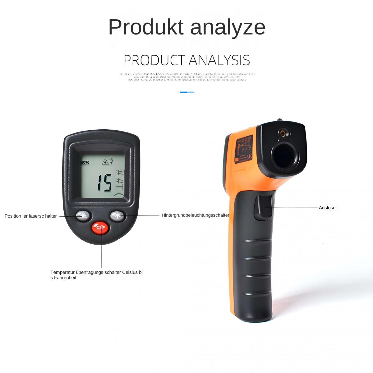 Zwei digitale Thermometer, eines schwarz mit Display, eines orange mit Auslöser.
