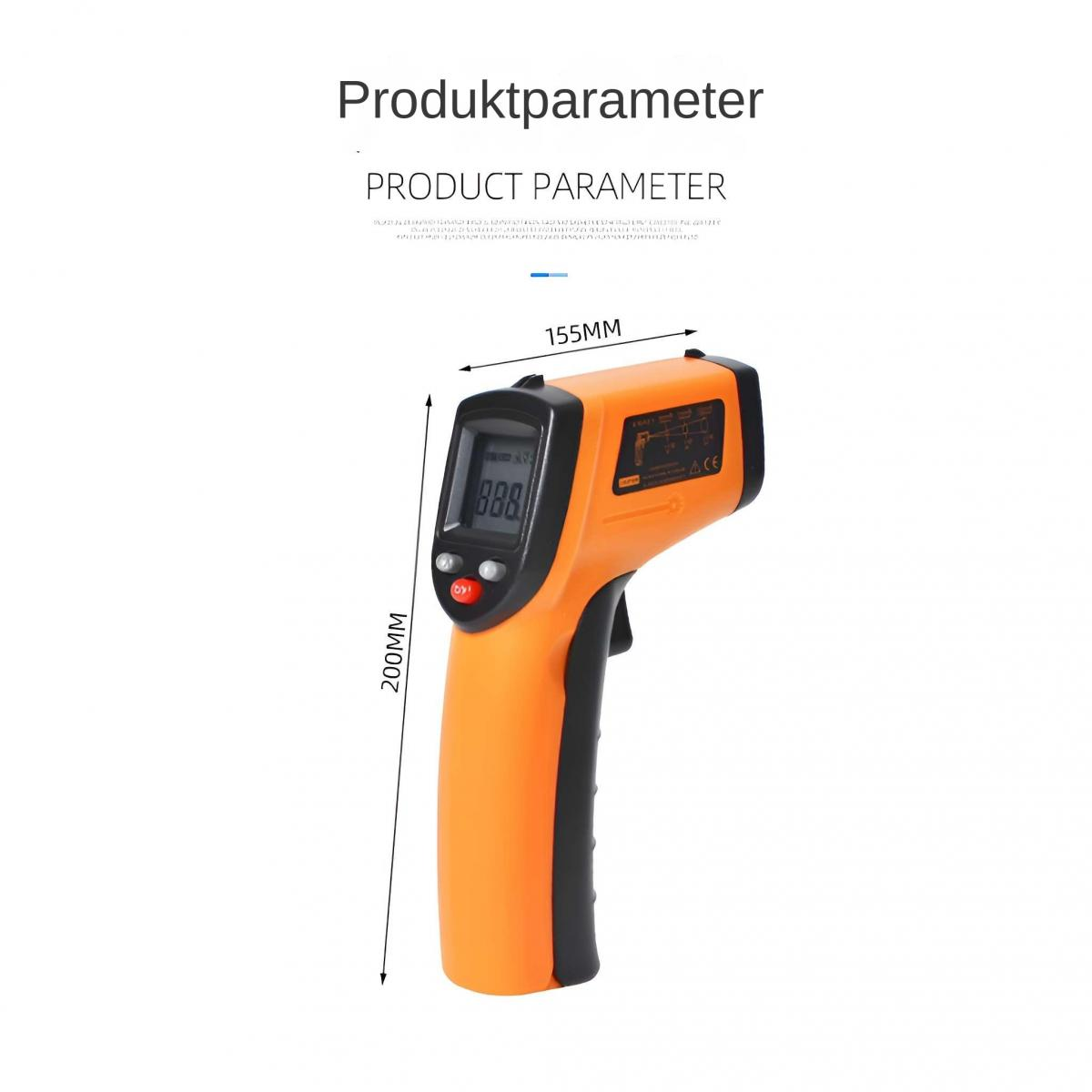 Ein orangefarbenes Infrarot-Thermometer mit digitaler Anzeige und Maßen.