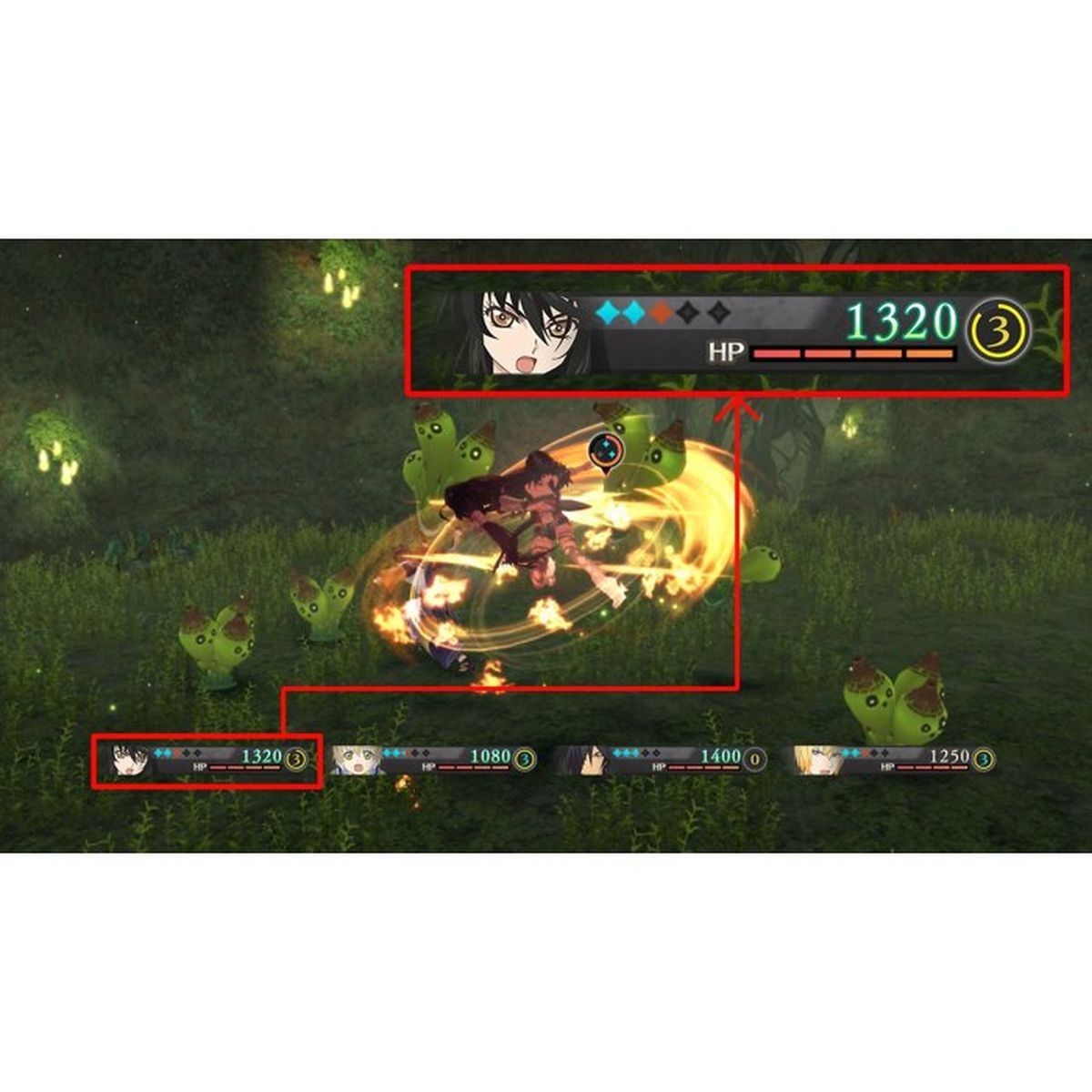 Postać anime z paskiem HP w lesie z zielonymi stworzeniami.