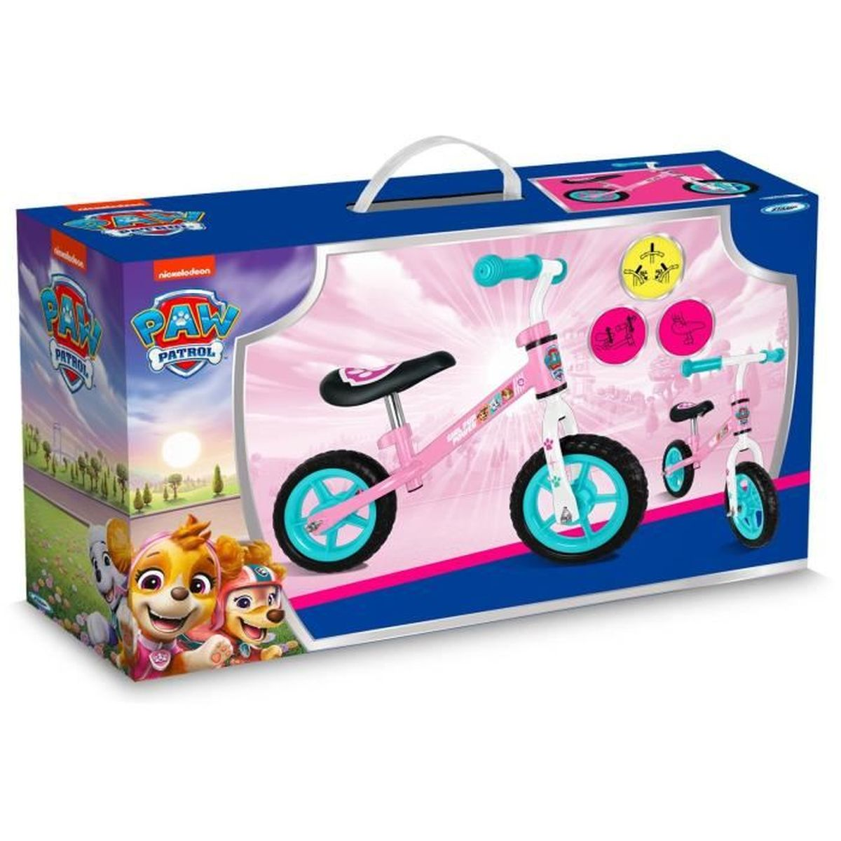 Verpackung mit zwei rosa Laufrädern mit türkisfarbenen Akzenten und Paw Patrol-Motiven.
