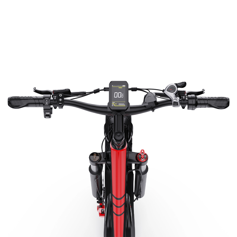 Vista frontal de una e-bike roja con manillar, pantalla y suspensión delantera.
