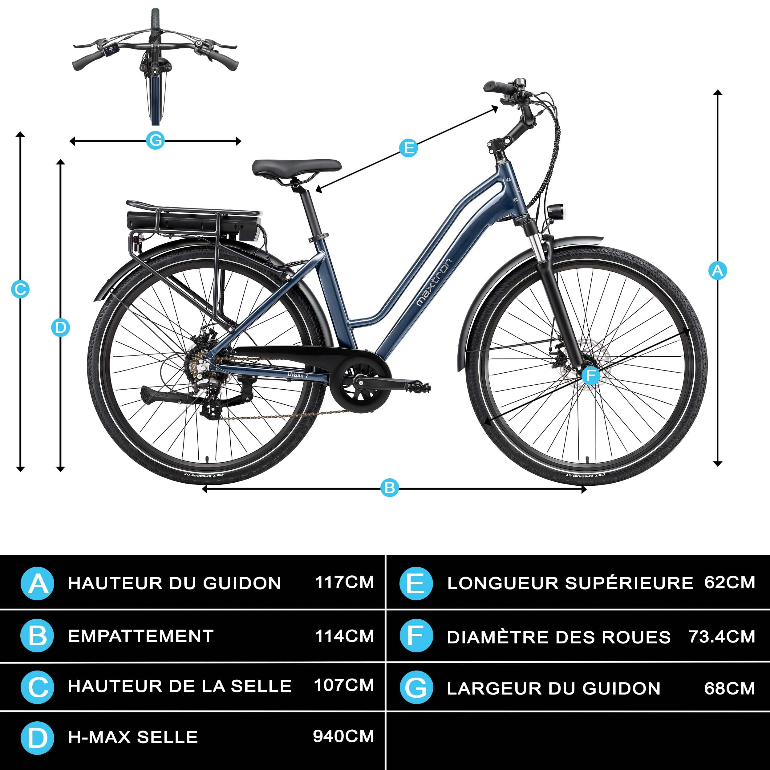 Niebieski rower z wymiarami i etykietami.