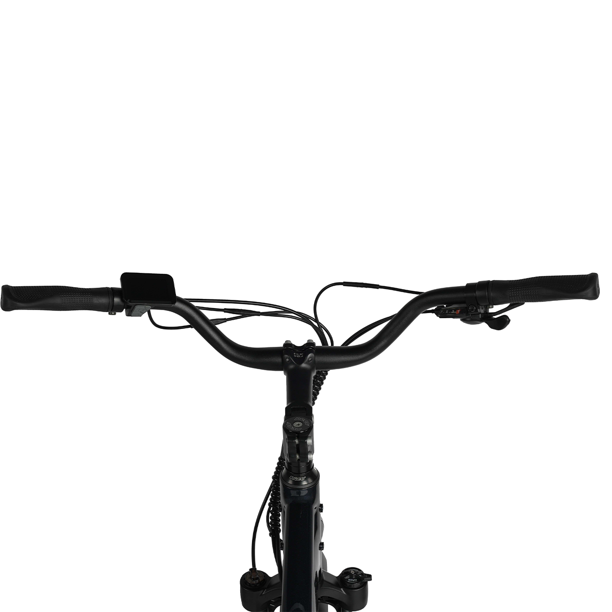 Czarna kierownica roweru z wyświetlaczem i chwytami.
