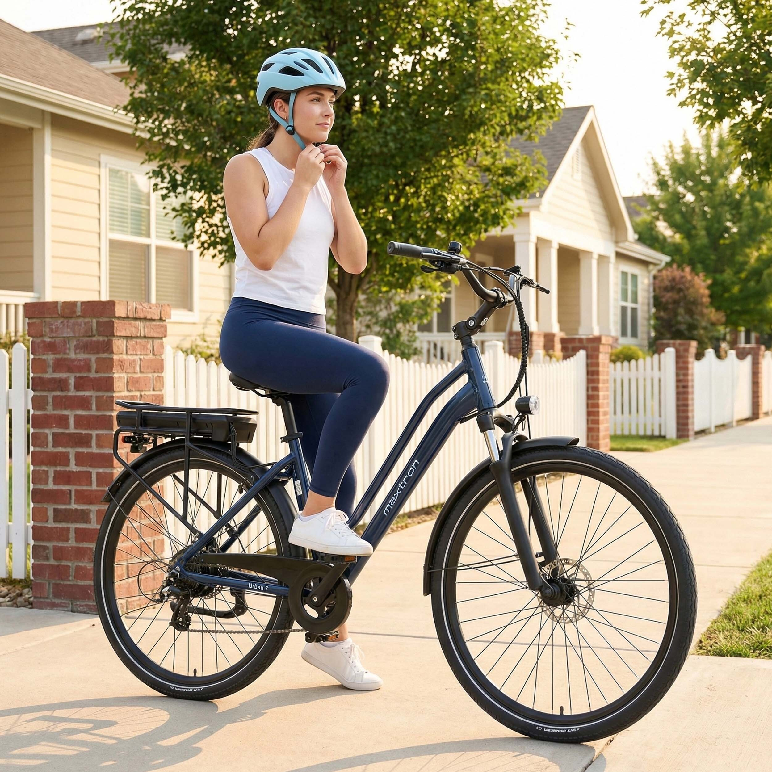 Kobieta w niebieskim kasku siedzi na niebieskim rowerze przed domami.