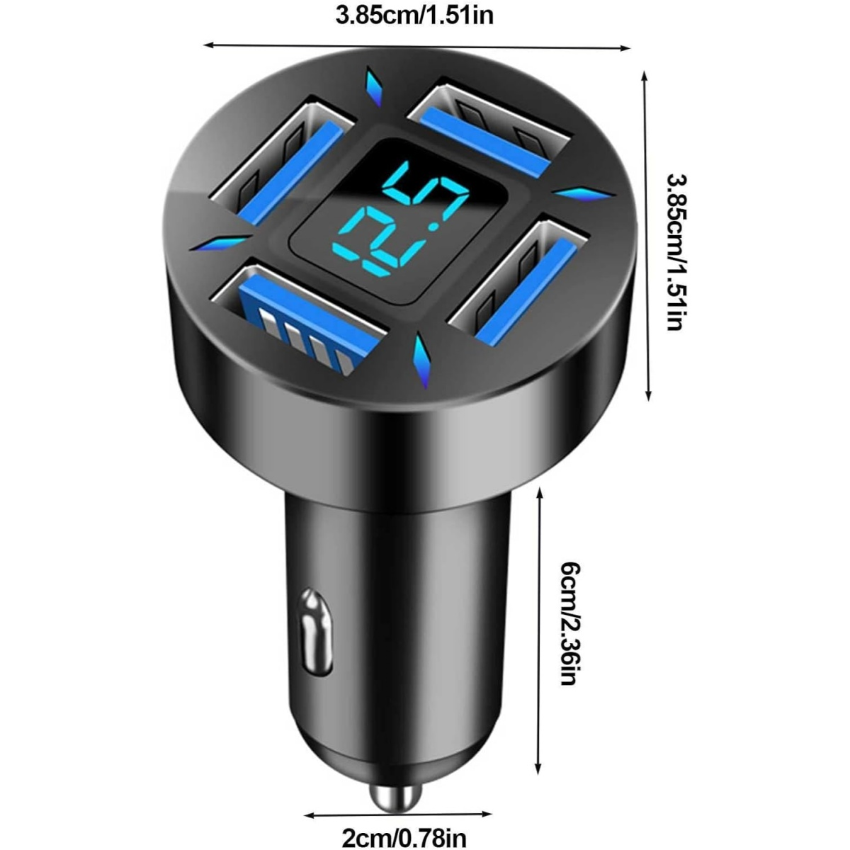 Schwarzer Auto-USB-Adapter mit 4 Anschlussen und digitaler Anzeige.