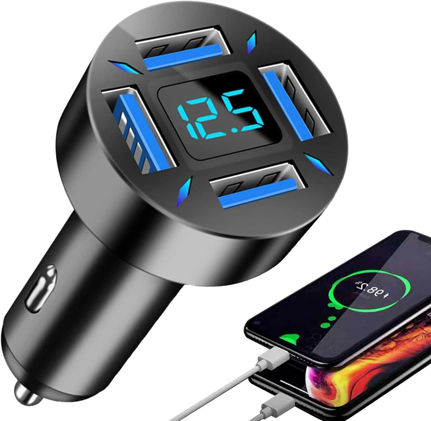 Schwarzer Kfz-Ladegerät mit 4 USB-Ports und blauer LED-Anzeige. Ein Smartphone wird geladen.