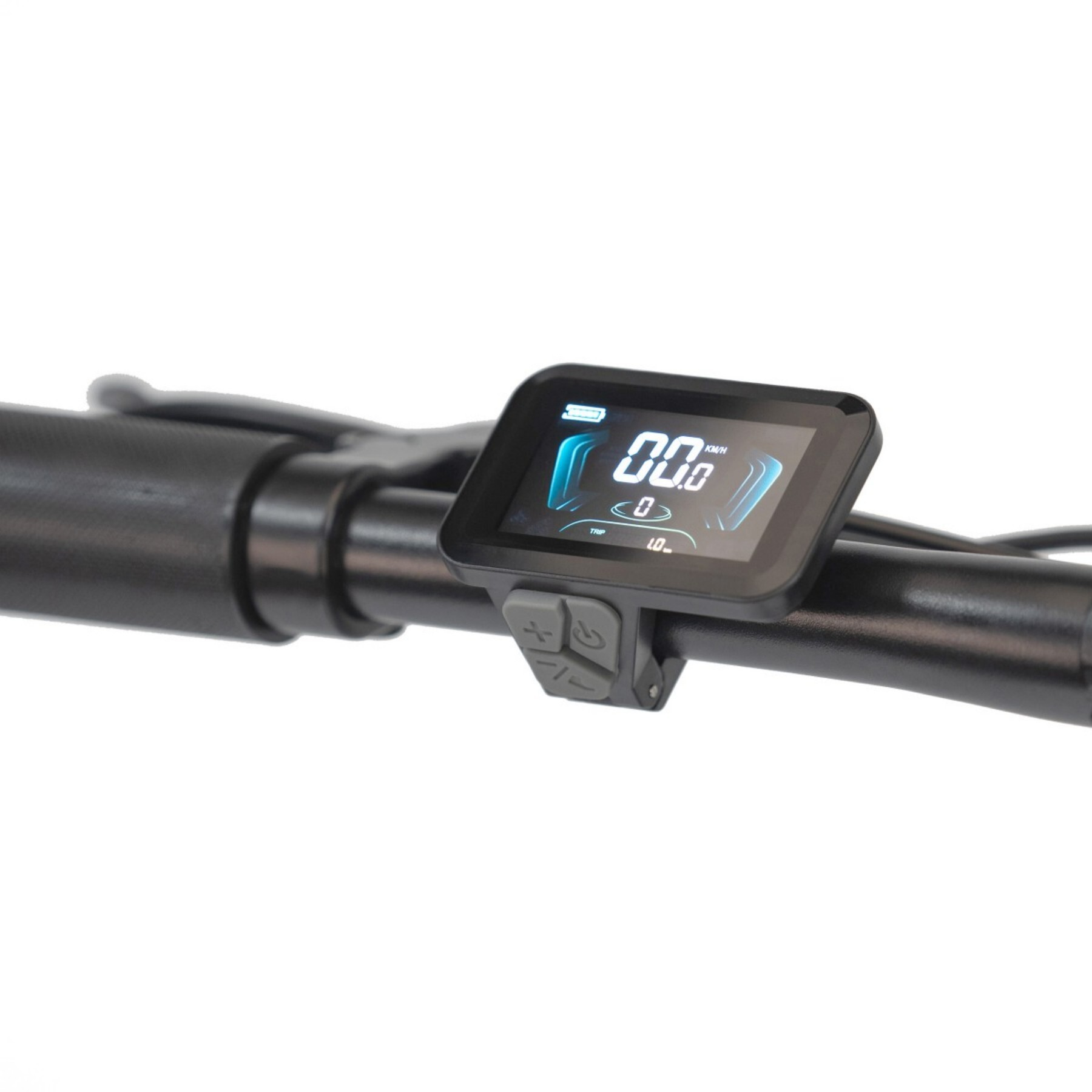 Kierownica z cyfrowym wyświetlaczem i przyciskami. Pokazuje prędkość i baterię.