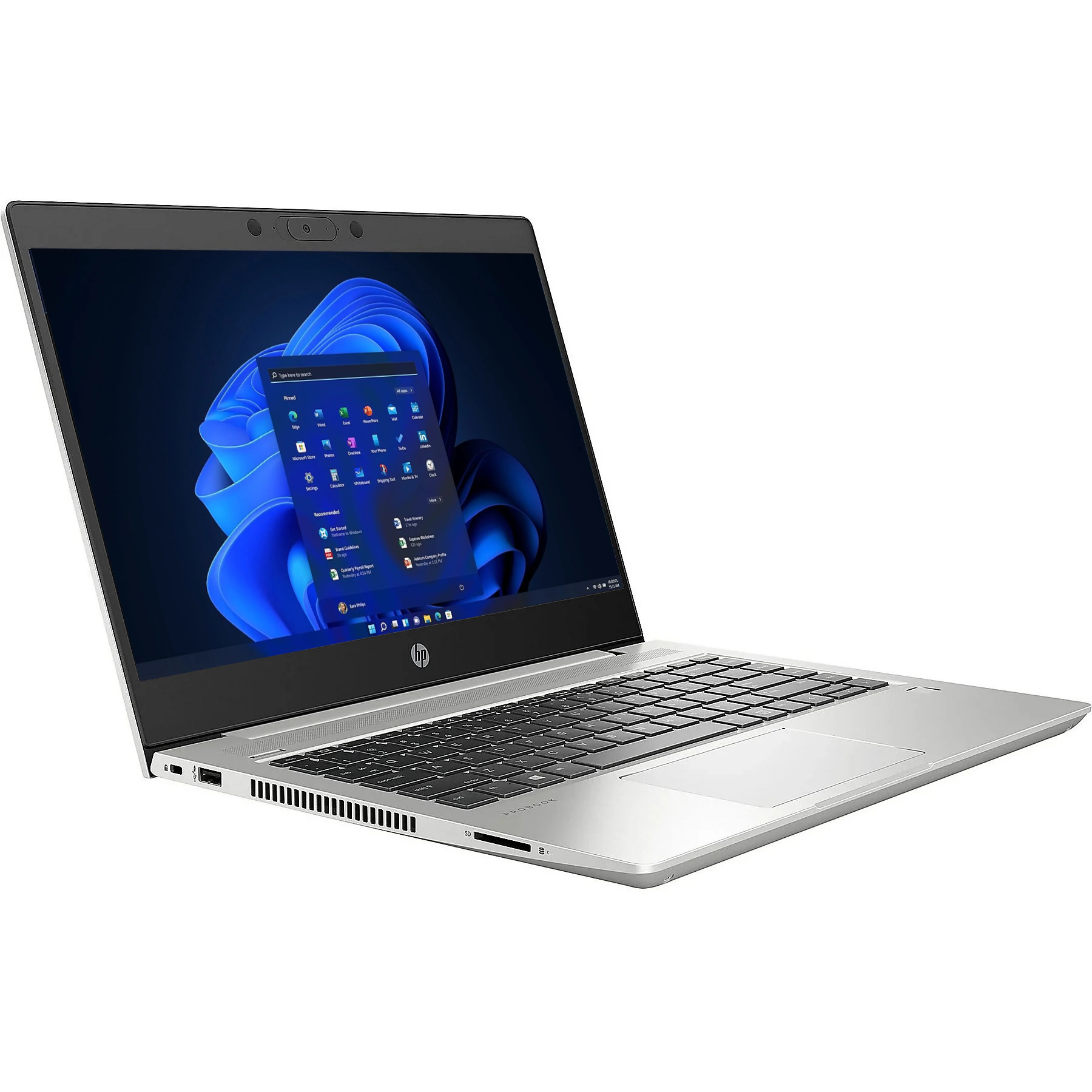 Ein silberner HP ProBook Laptop mit geöffnetem Bildschirm, der das Windows 11 Startmenü zeigt.