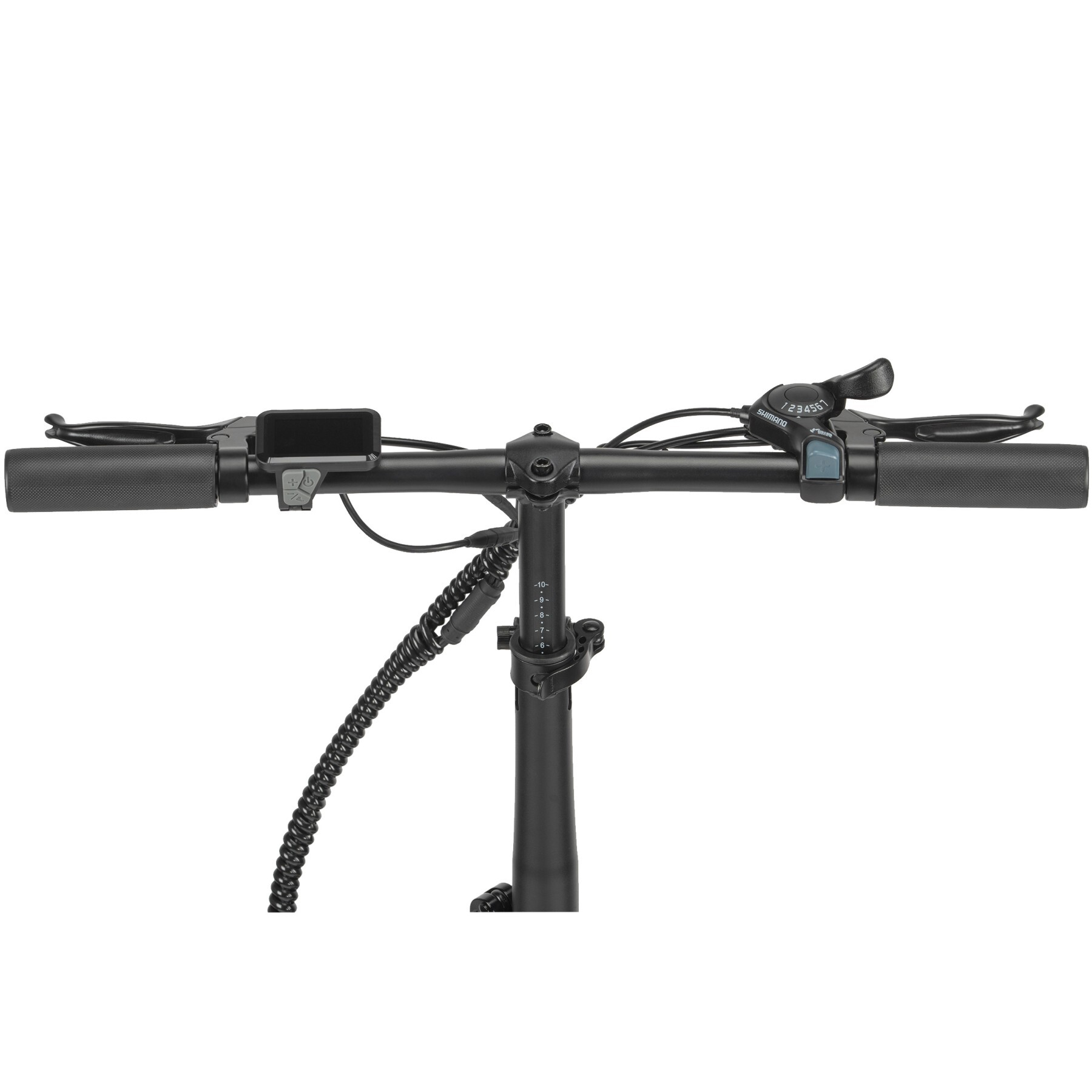 Czarna kierownica z wyświetlaczem, uchwytami, hamulcami i manetką.