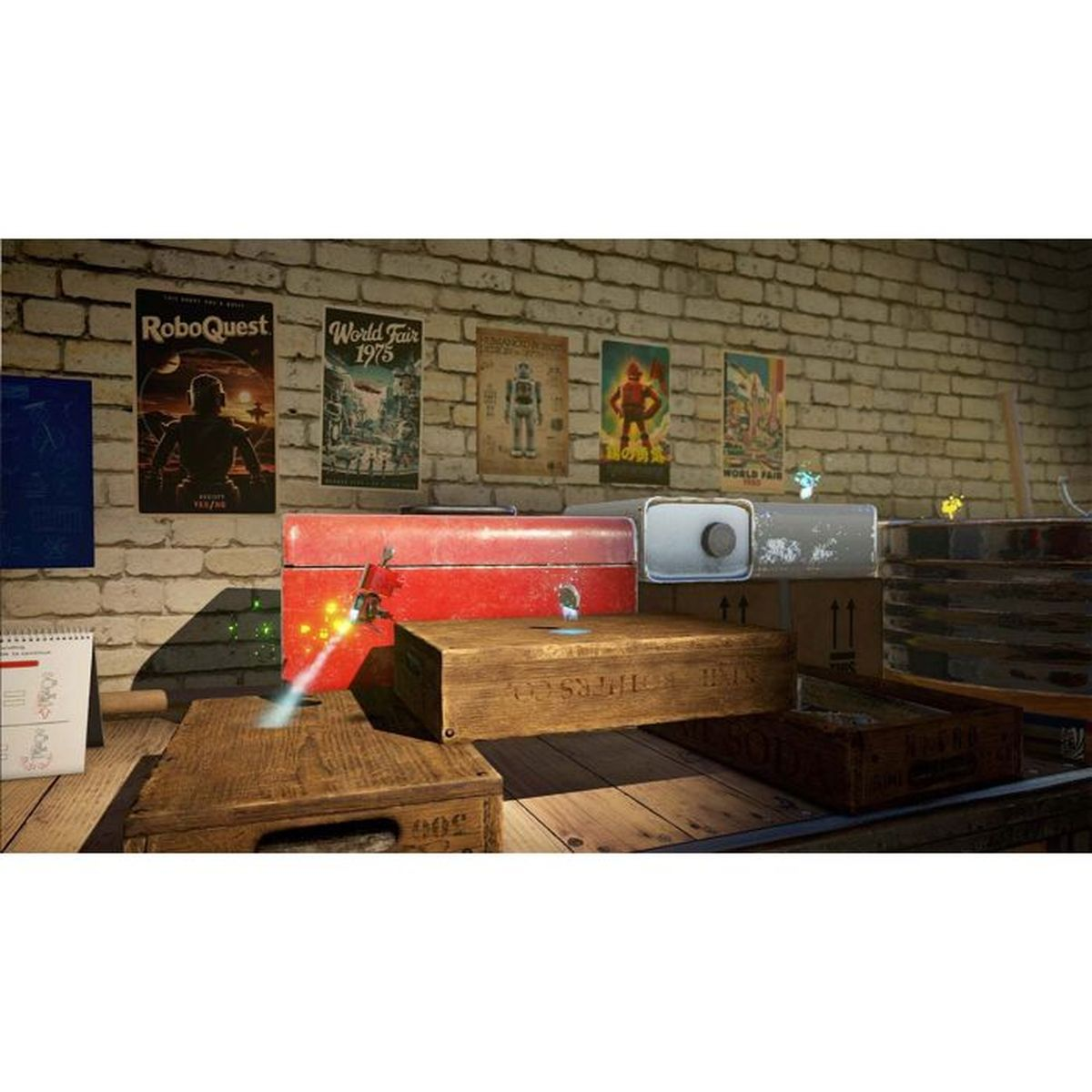 Poster retrò e scatole in una stanza rustica con pareti di mattoni.