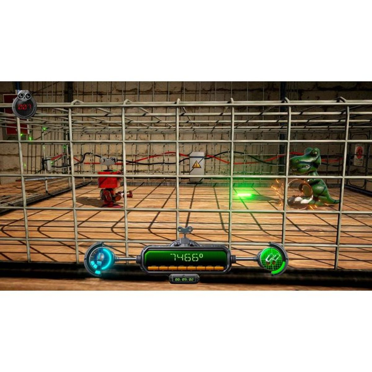 Un dinosauro giocattolo verde in una gabbia vicino a un robot rosso.