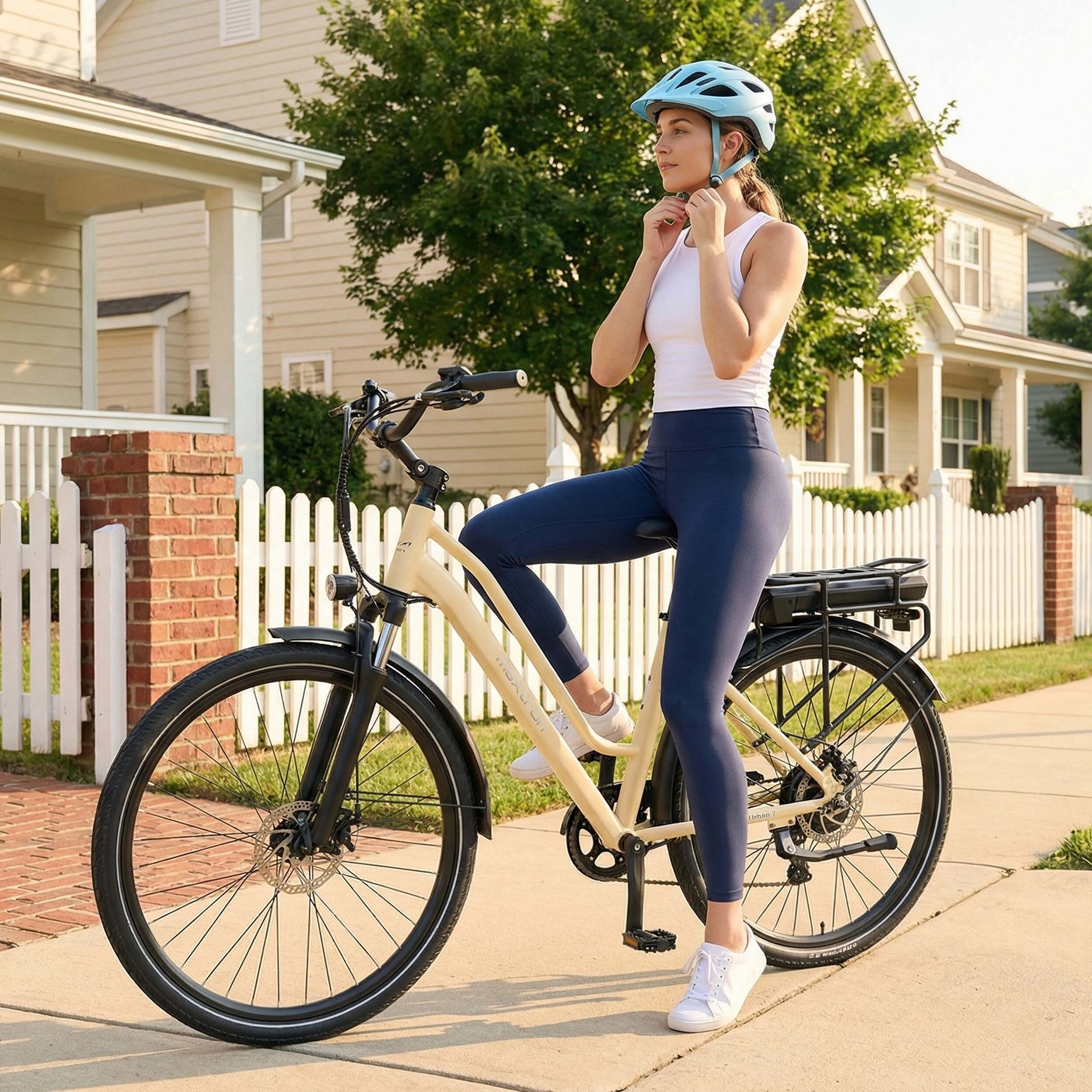 Kobieta w kasku siedzi na kremowym rowerze przed domem.