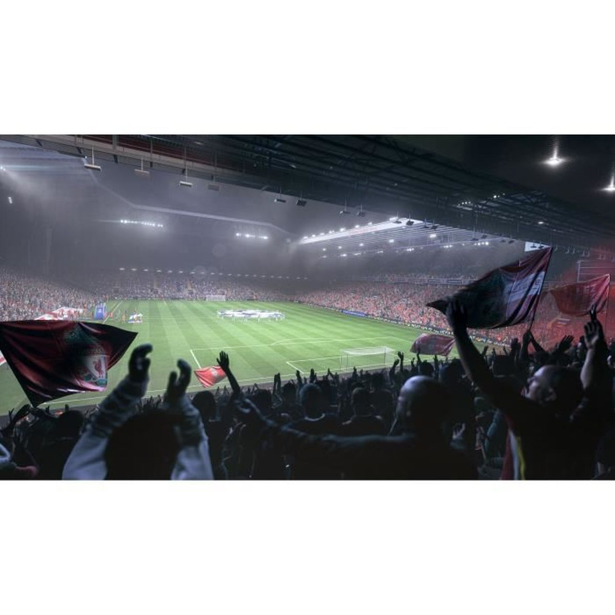 Stadion piłkarski z kibicami wiwatującymi i flagami na pierwszym planie, boisko oświetlone.