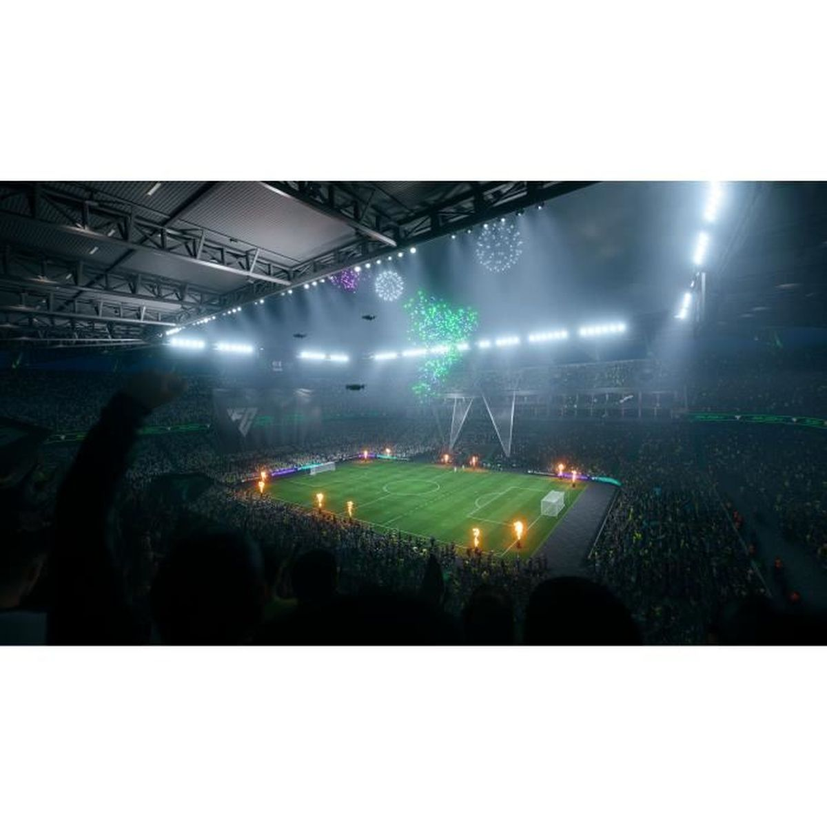 Stadion piłkarski nocą z fajerwerkami, światłami i widzami.