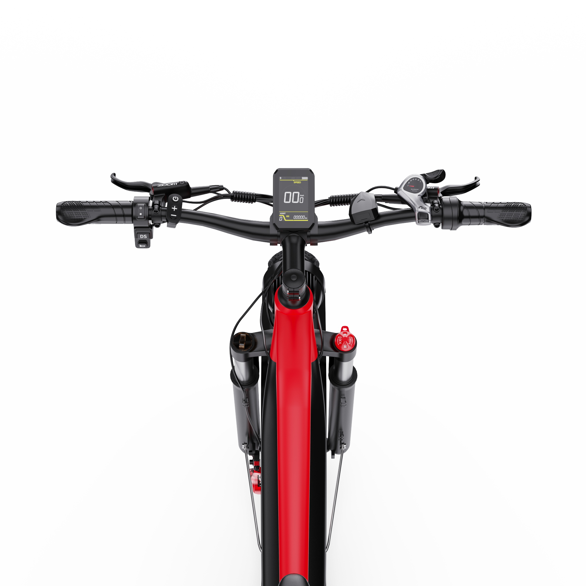 Vorderansicht eines roten E-Bikes mit schwarzem Lenker und Display.