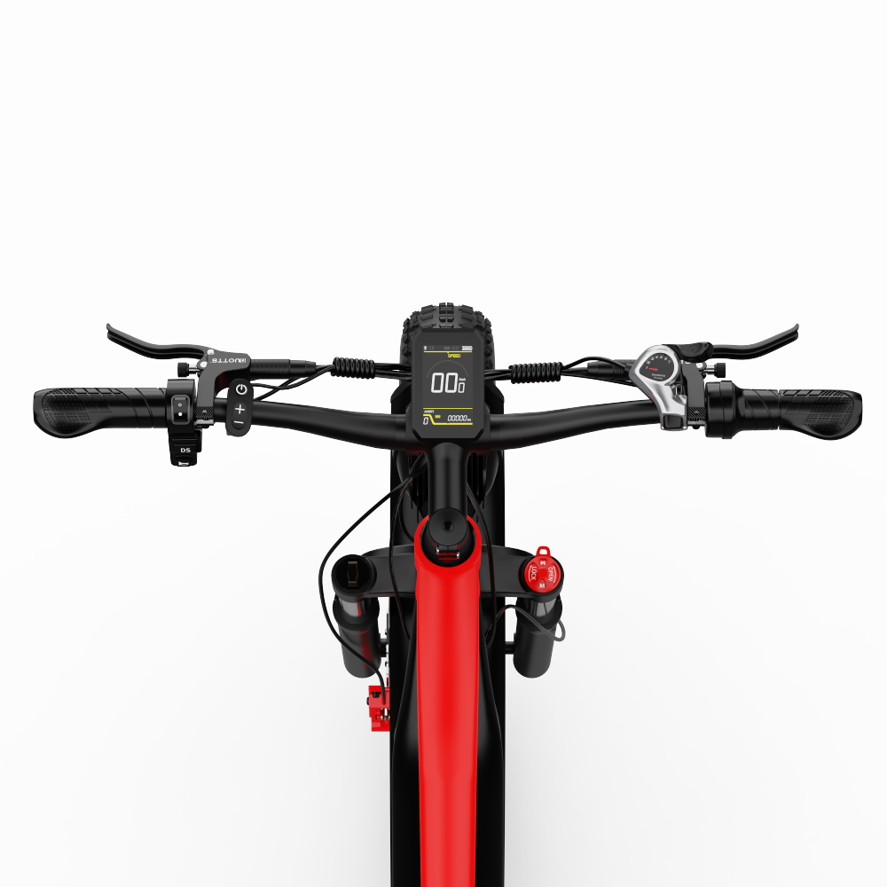 Oberansicht eines roten und schwarzen E-Bikes Lenkers mit Display und Bremsen.