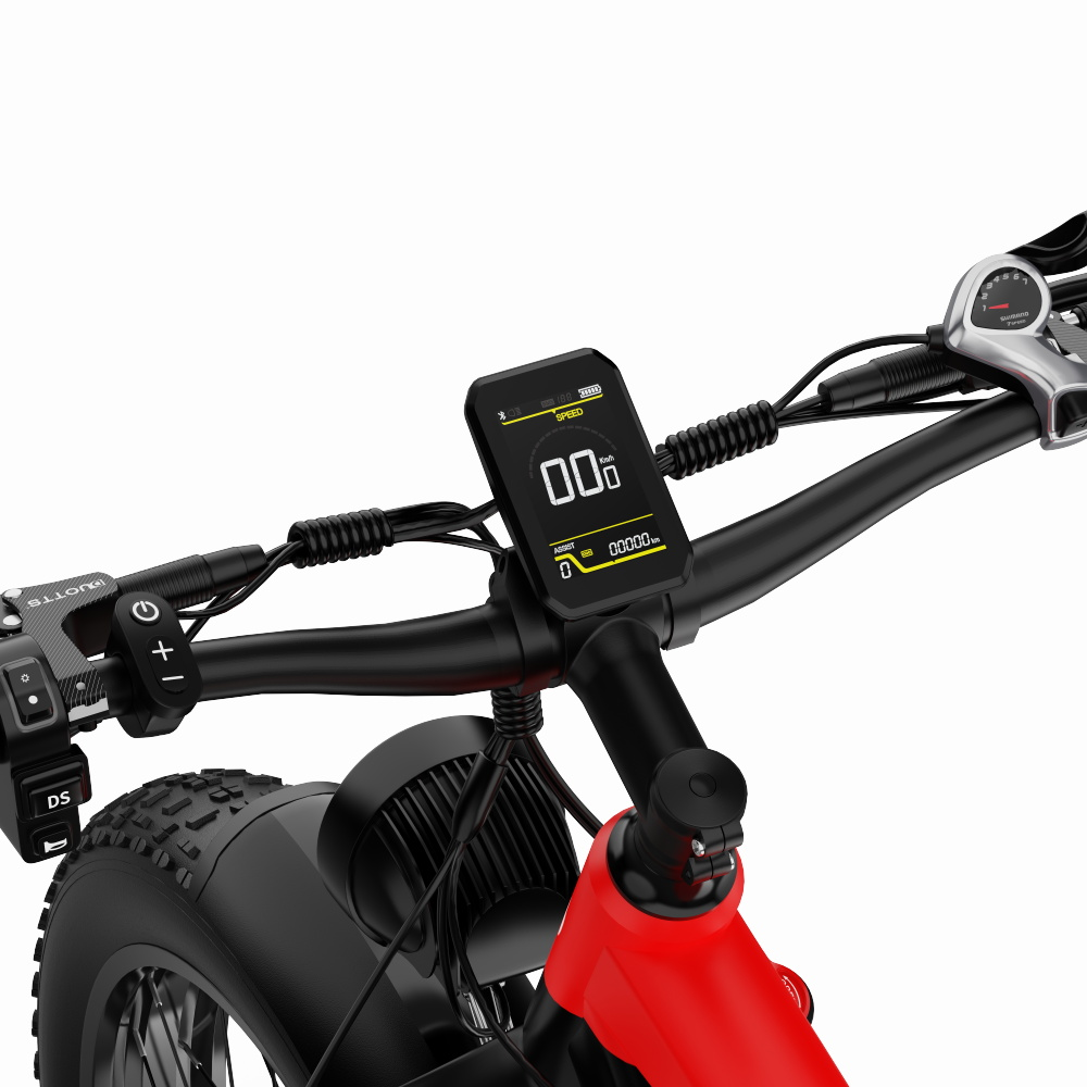 Rote E-Bike-Lenker mit Digitalanzeige, Griffen und Schalthebel.