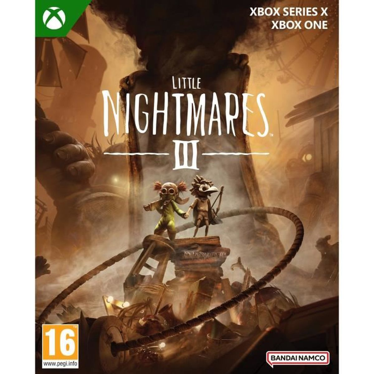 Copertina Xbox di Little Nightmares III con due personaggi su una piattaforma.