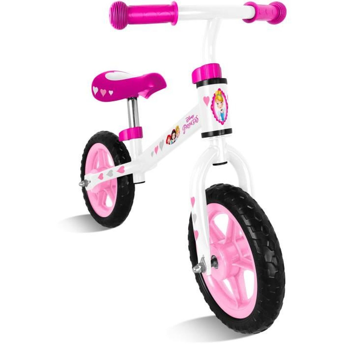 Ein weißes Kinderfahrrad mit rosa Akzenten und Disney Prinzessinnen-Motiven.