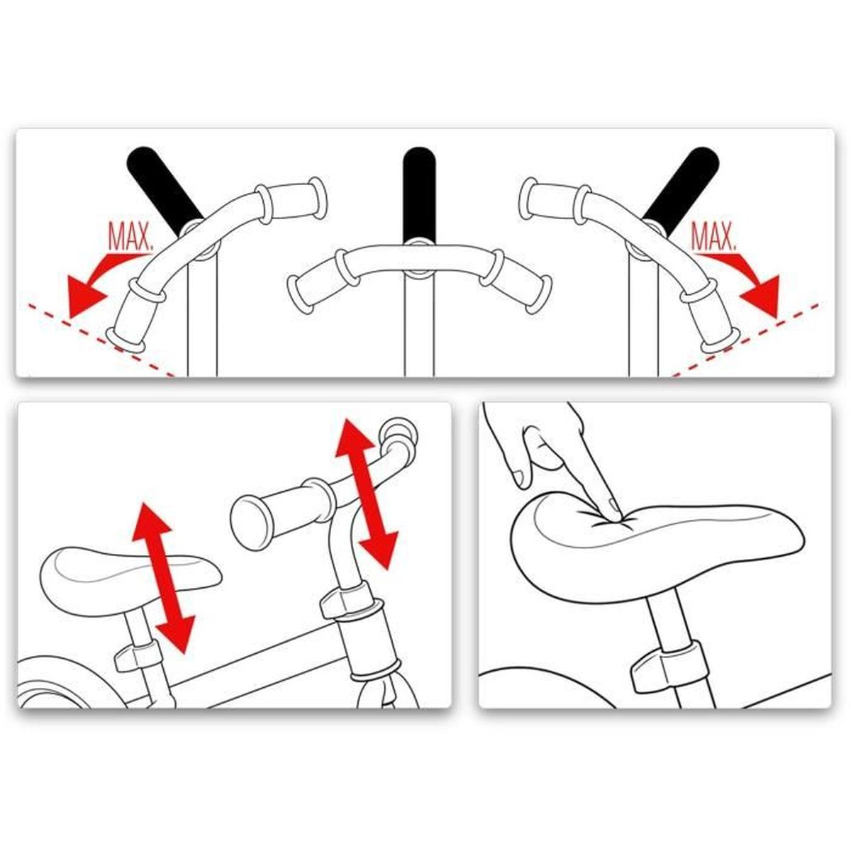Illustrationen zeigen maximale Lenker- und Sattelverstellung für ein Fahrrad.